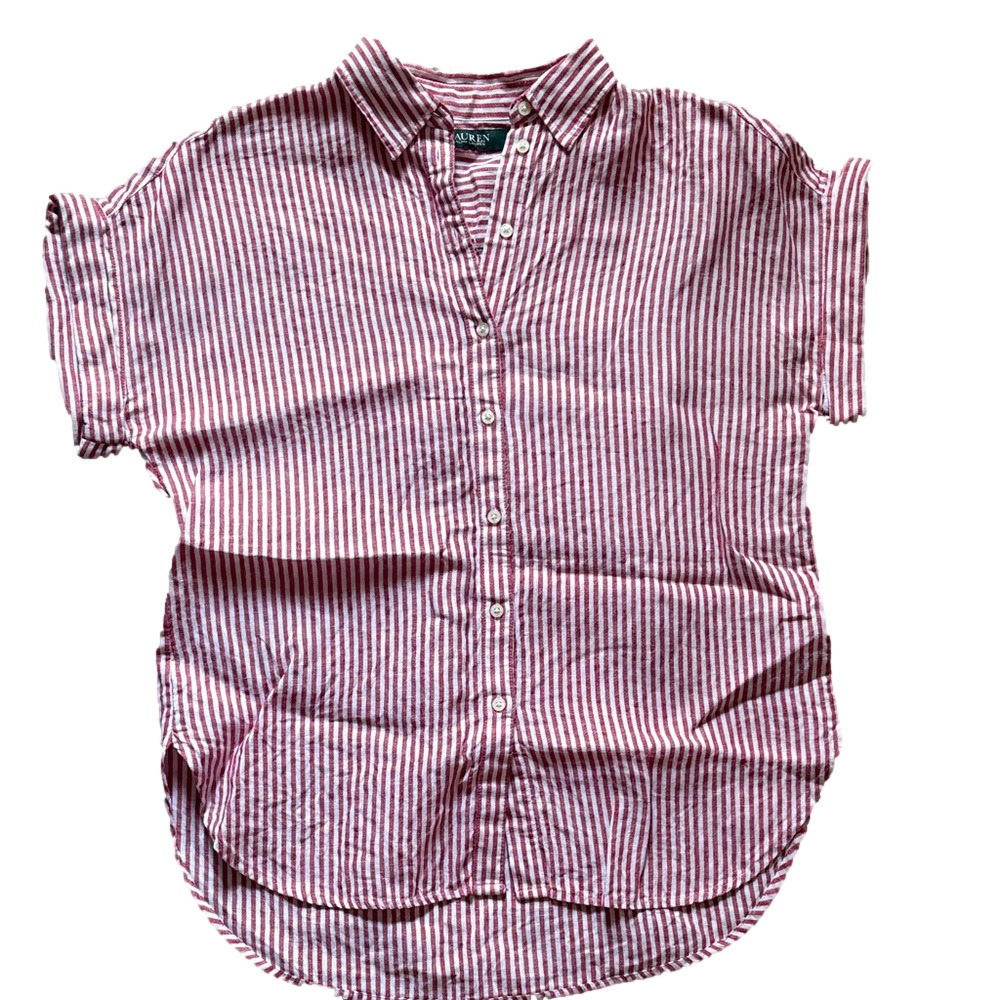 Lauren Ralph Lauren Red and White Striped Linen Button Down Shirt